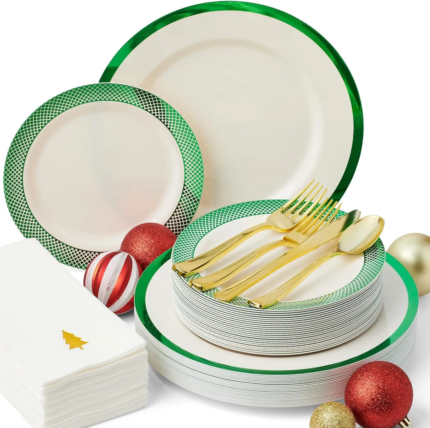 

Набор рождественских тарелок и салфеток для 25 гостей, тарелки цвета слоновой кости с зелеными тарелками, золотой серебряный посуд и праздничные салфетки