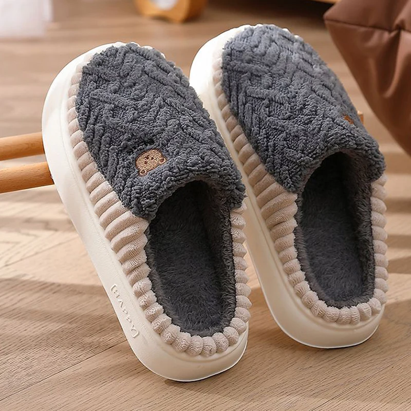 

Men's Women's Winter Warm Cartoon Bear Slippers Closed Toe Non Slip Plush House Shoes Couple Indoor Bedroom Cotton Slippers