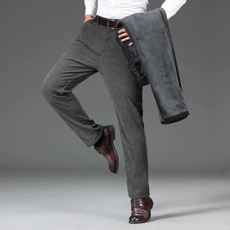 Corduroy Plush Velvet Casual Pants Men\'s Winter Thicken Warm Classic Straight Business  Fleece Thermal Trousers Brand Clothes