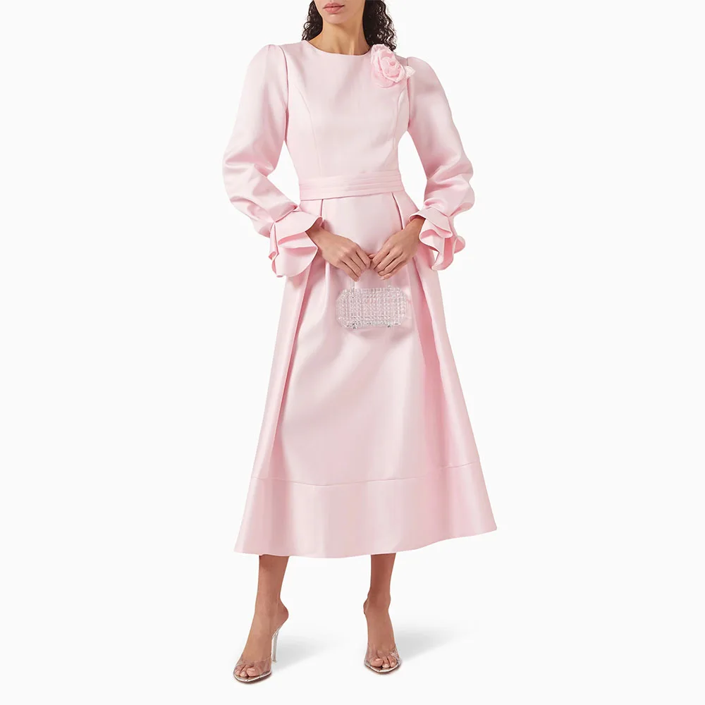 

Платье для выпускного вечера на заказ Вечернее платье с круглым вырезом и длинными рукавами Цветы Вечернее платье для свадебной вечеринки Длина чая A Line Саудовское платье