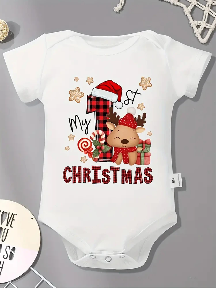 My First Christmas Print Baby Romper Newborn Short Sleeve Bodysuit Xmas Party Infant Outfit Boys Girls Holiday Clothes Jumpsuit