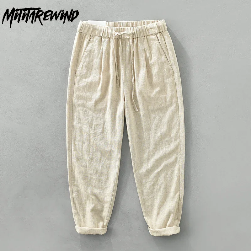 

Tapered Cotton Linen Pants Men Summer Beach Casual Pants Solid Drawstring Elastic Waist Trousers Japanese Retro Baggy Pants Man