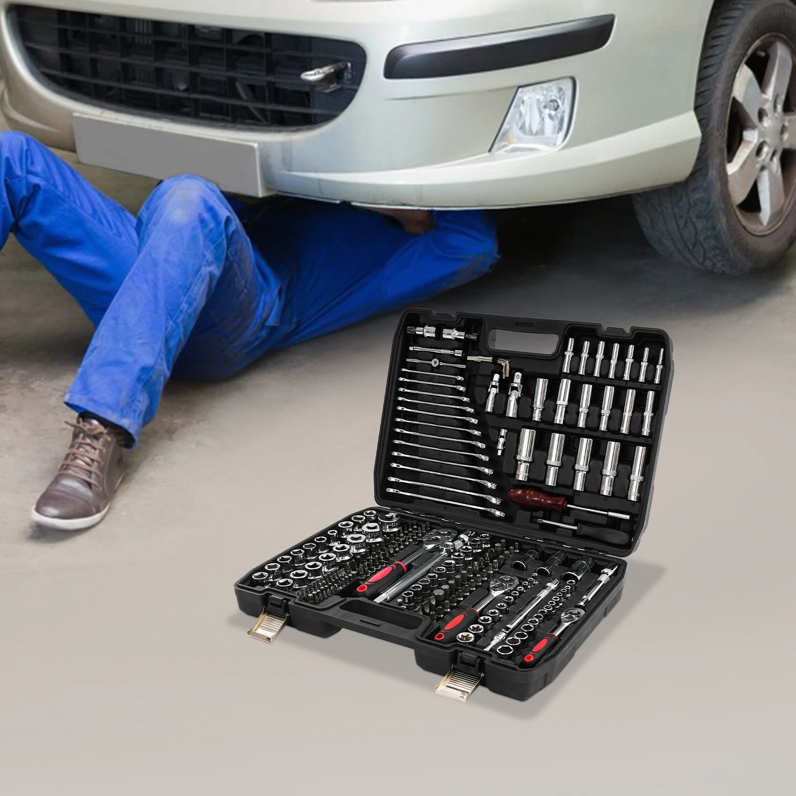 Zestaw kluczy nasadowych z grzechotką, stalowy, czarno-czerwony, 216 elementów, prostokątny, do narzędzi stolarskich, budowlanych