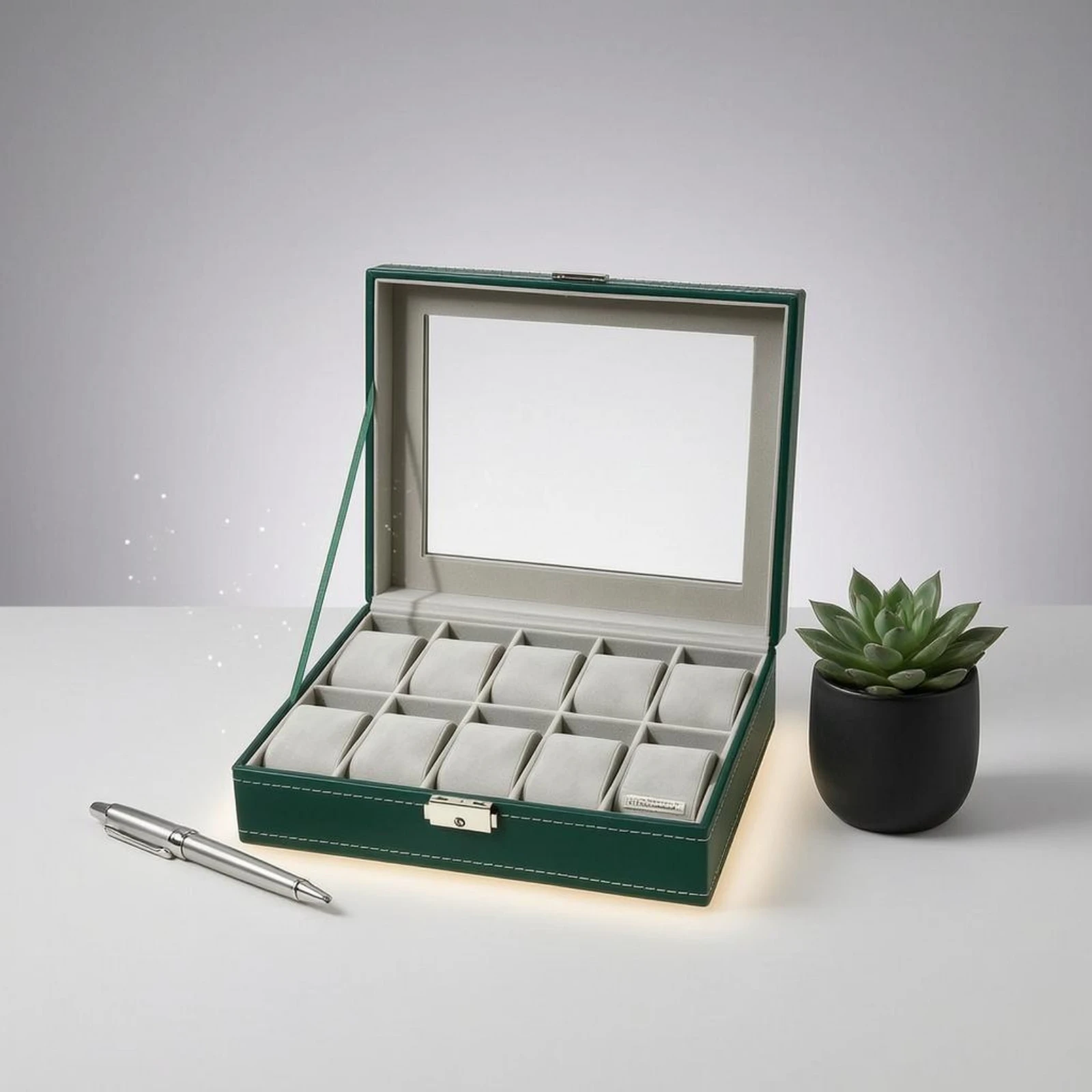 10 Slot Watch Box Soft Soft Lining 10-Slot Watch Case Accessory Storage Leather-Look Finish Transparent Lid