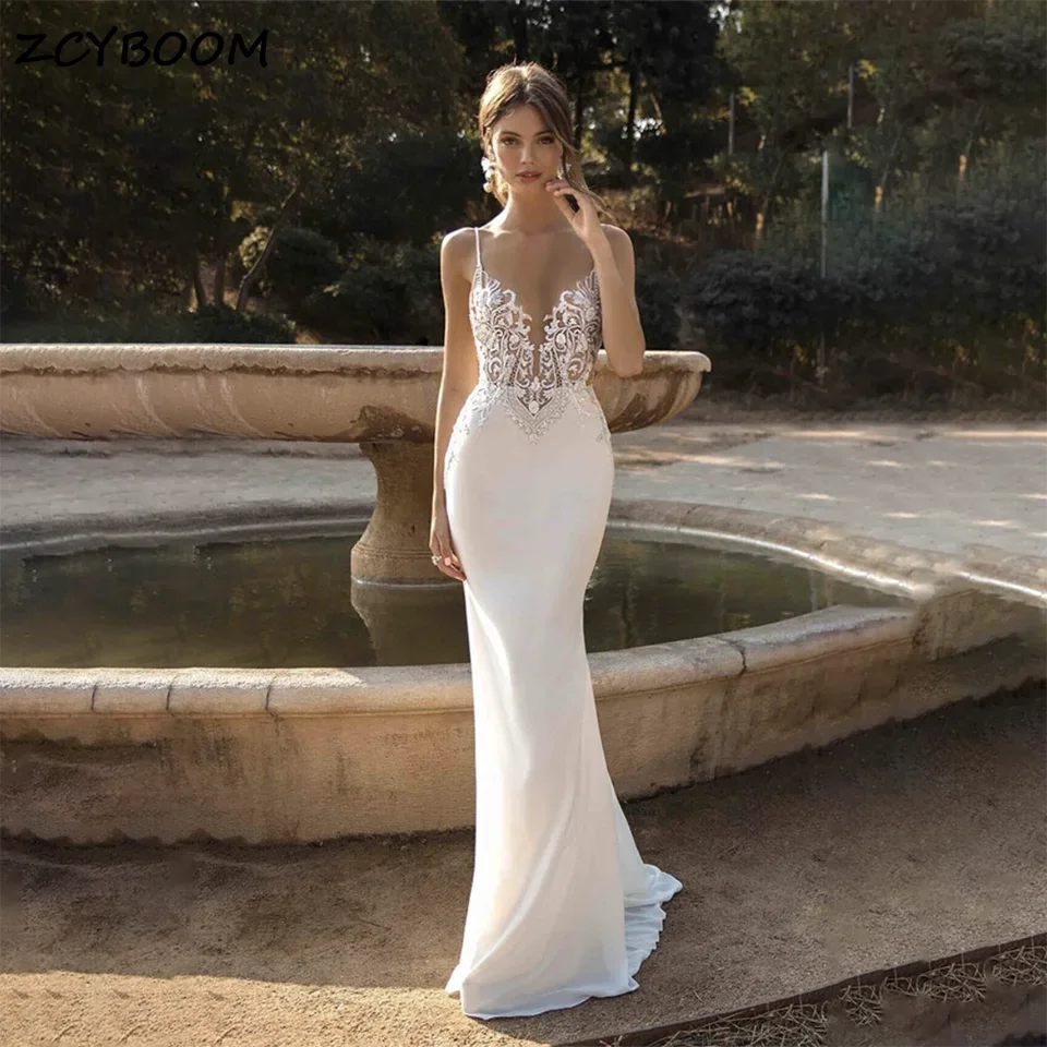 

Charming Lace Appliques Spaghetti Straps Mermaid Wedding Dresses 2025 Open Back With Sweep Train Tulle Bridal Gowns For Women
