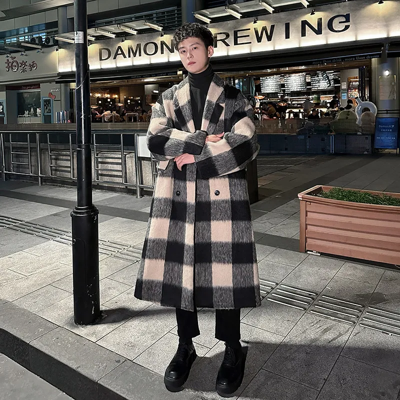 

Корейское длинное мужское шерстяное пальто в клетку, повседневное черно-белое большое пальто Che, модная ветровка Busin Gentleman