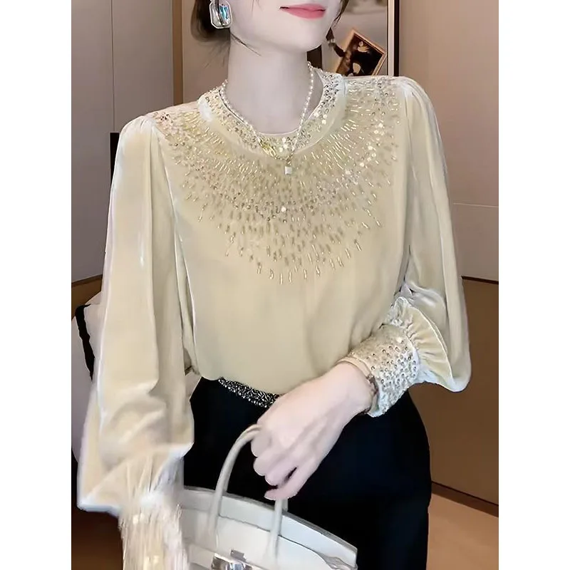 Spring Autumn New Women\'s Heavy Industry Hot Diamond Solid Color Crew Neck Versatile Fashion Loose Long Sleeve Chiffon Tops