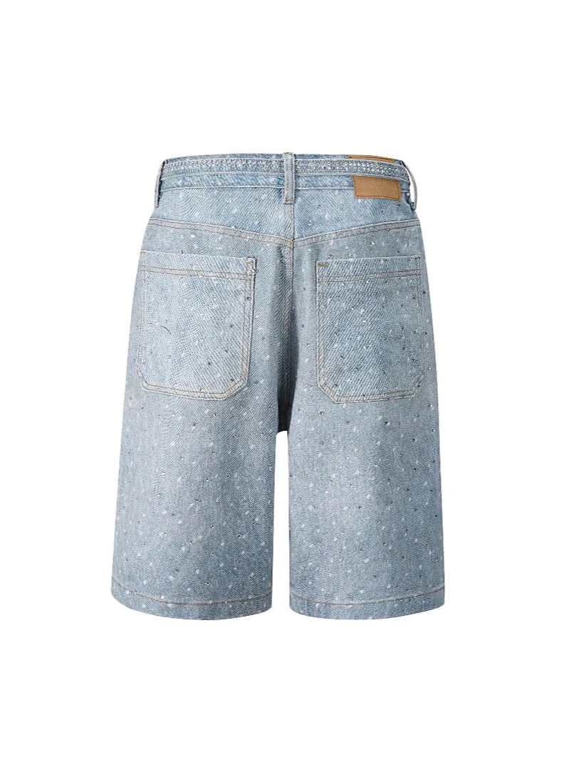 D8739 Spring/Summer 2025 European women's fashion loose denim shorts with full rhinestones and an attached belt, available now.