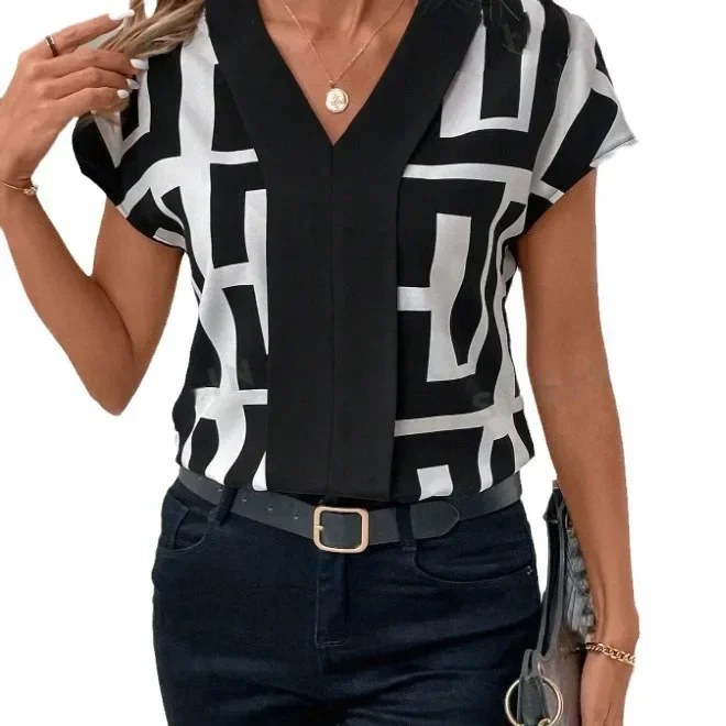 Damesshirt met V-hals, geometrisch bedrukt patroon, casual shirt met korte mouwen, comfortabele ademende modieuze top