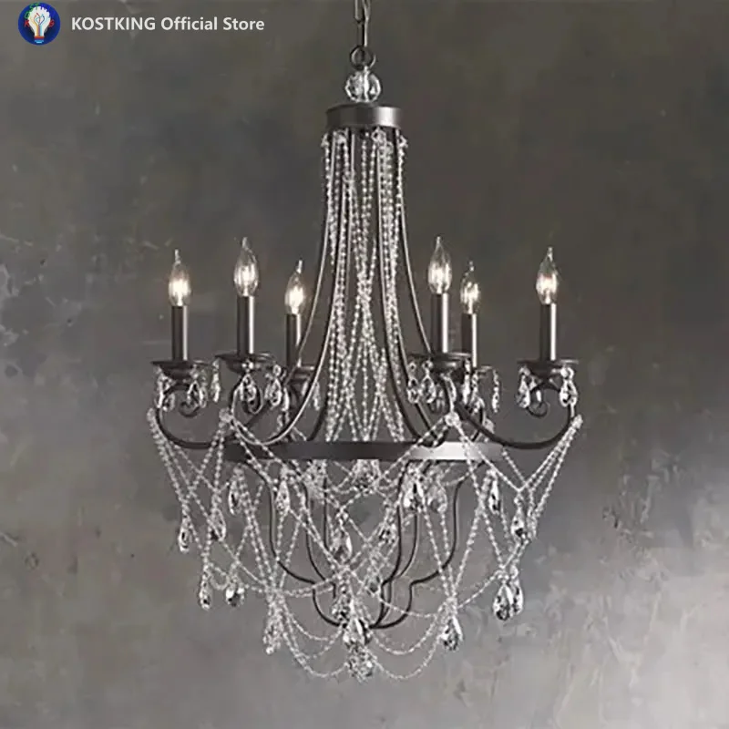 

French Vintage Iron Art Crystal Candle Home Decoration Pendant Light Villa Living Room Restaurant Light Hotel Lobby Lighting