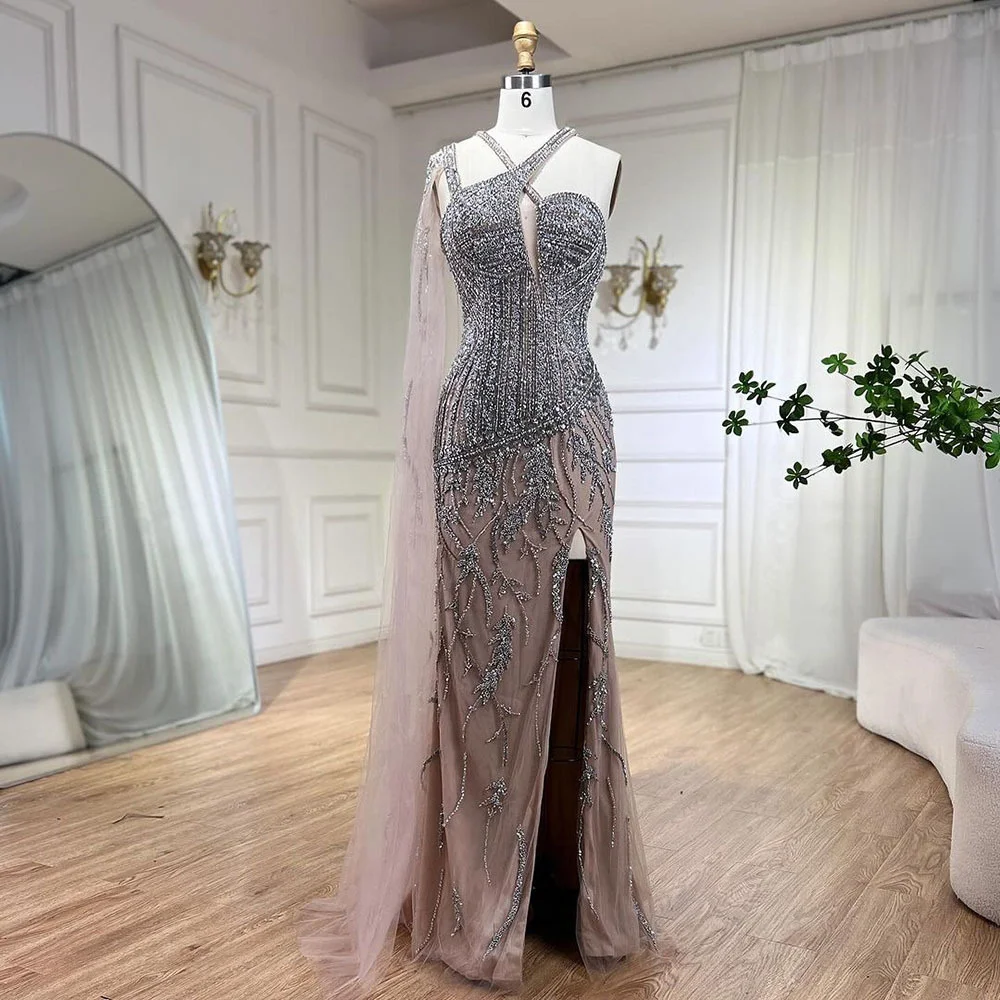 One Shoulder Long Evening Dress, Side Slit, Beaded, Rhinestones Embellishments, Sheath Party Gown For Formal Occasions