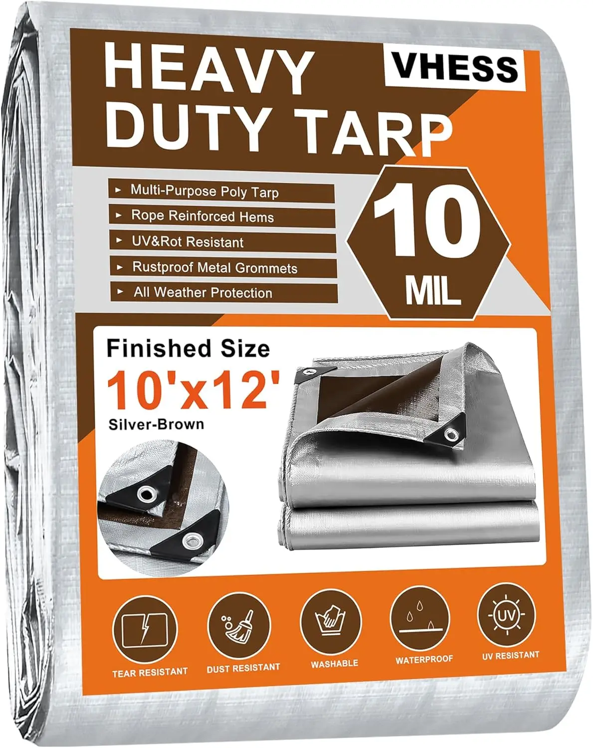 

Heavy Duty 10' X 12' Waterproof Tarp, UV & Tear Resistant for Outdoor Use