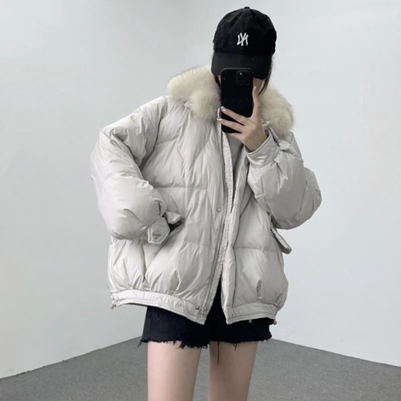 Winter New Large Fox Fur Collar Hooded Light Feather Jacket Women 90% White Duck Down Short Coat Warm Puffer Green Outwear