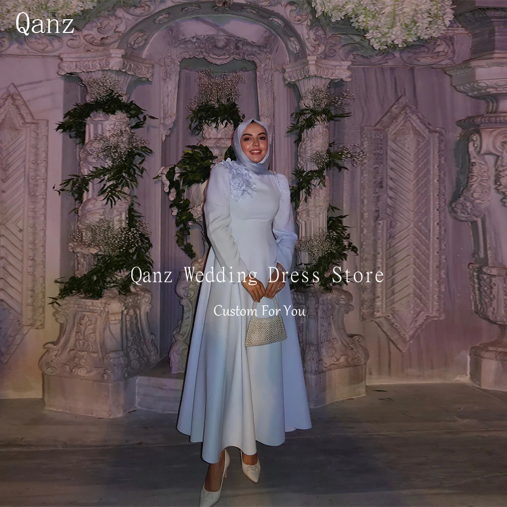 

Qanz Sky Blue Satin Evening Dresses Long Sleeves Appliques Ankle Length Abendkleider Dubai Formal Dresses Woman Customized