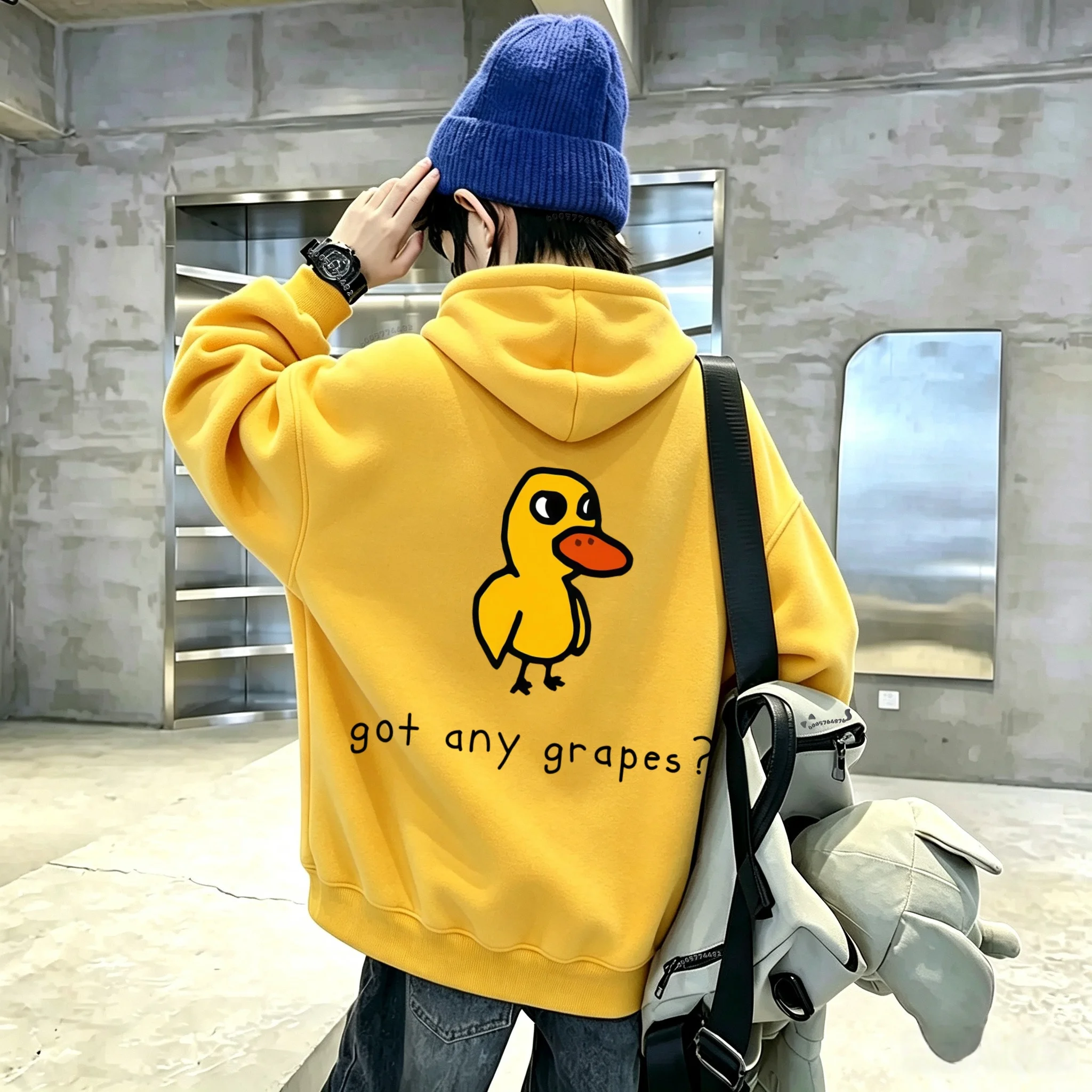 American-style fun cartoon yellow duck printed children's hooded sweatshirt, oversized, casual and trendy long-sleeved t-shirt