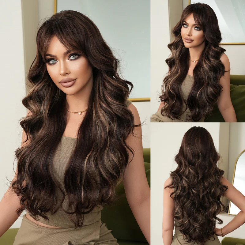 

European and American style women's wig, long curly hair with big waves, bangs in a figure-eight shape, brown highlights in hone