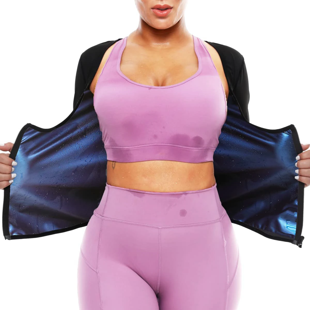 Vigorix Saunaanzug für Damen, Sweat-Körperformer, heißer Taillentrainer, langärmeliges Hemd mit Reißverschluss, Workout-Top – Detail 4