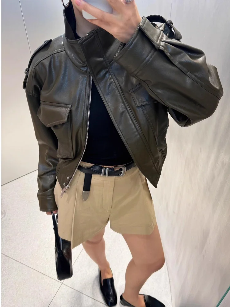 جديد 2025 الخريف المرأة دراجة نارية Jaet iny تقليد الجلود الوقوف طوق طويل Sve ort معطف بولي Material المواد السيدات الملابس