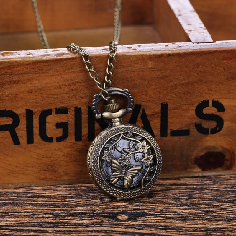 أزياء لطيف خمر الجوف فراشة الكرمة زهرة ساعة الجيب اللون البرونزي ساعة كوارتز سلسلة باردة ساعات كوارتز الهدايا #1