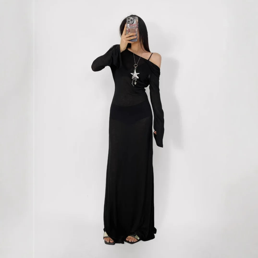 Robe longue transparente à manches longues pour femmes, vêtements de plage, Sarelle, dos bas
