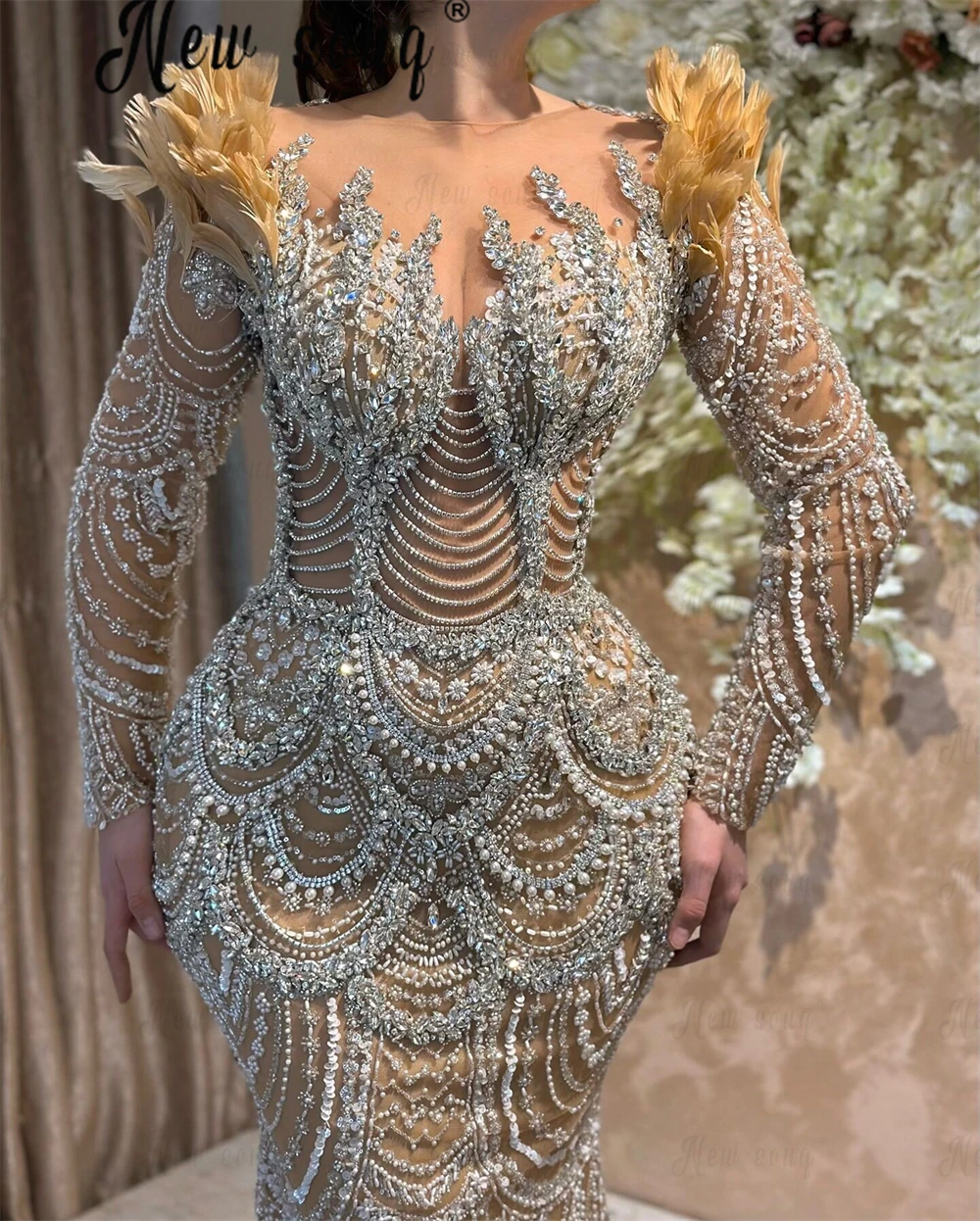 Dunkles Champagner, schulterfreies Ballkleid, mit Perlen verziert, Meerjungfrau, langes Promi-Kleid, Hochzeitsempfangskleider, Partykleid, individuell gestaltet