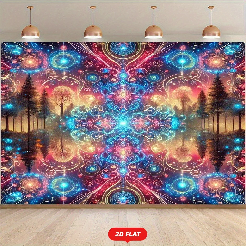 2D Flat, 1pc Psychedelic Glowing Dream Forest Lights Tapestry - Self-Lit UV/Blacklight Reactive Wall Hanging for Parties, Home &