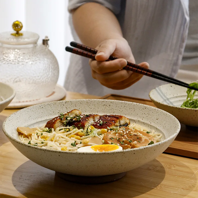 

Japanese Style Coarse Pottery Shallow Bowl Retro Open Mouth Bowl for Cold Noodles Restaurant Tableware