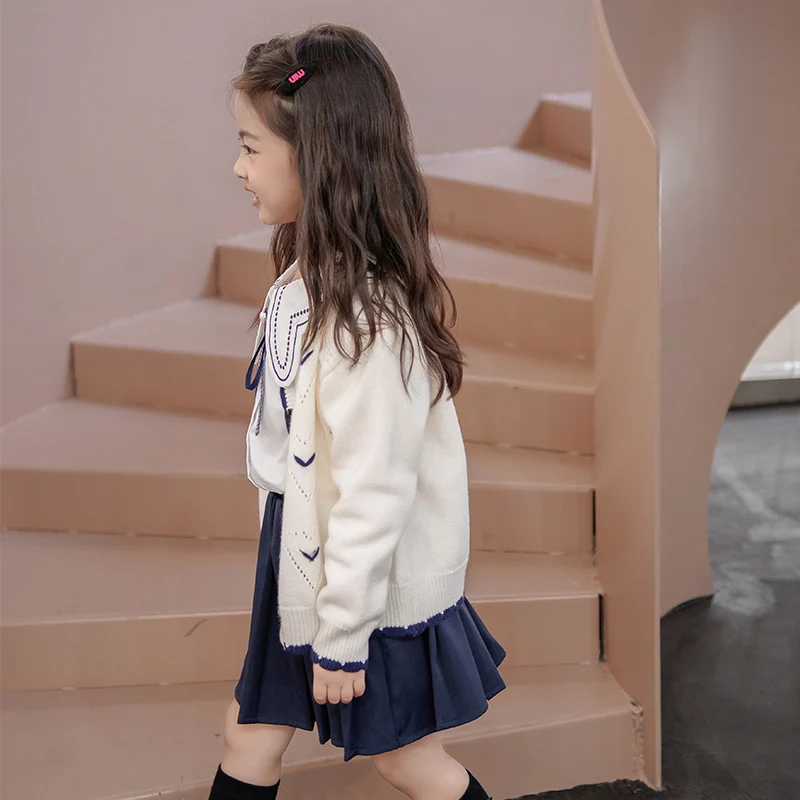 Spring Autumn Kids School Uniform Girls\' Clothing College Style Jk Skirt Set Knit Cardigan Shirt Pleated Skirt Y2k Foreign Style