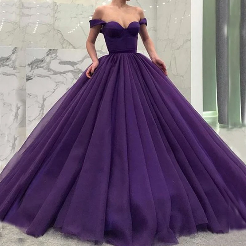 Purple Modest Women Off Shoulder Dubai Prom Dress Evening Gowns