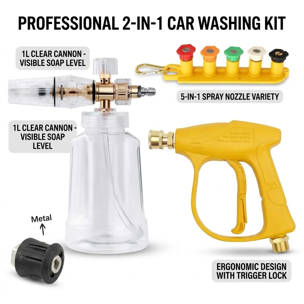 Complete Foam Cleaning Combo, Large Opening Foam Pot, Yellow Pressure Gun, Nozzle Set & Karcher Adapter for Auto Detailing