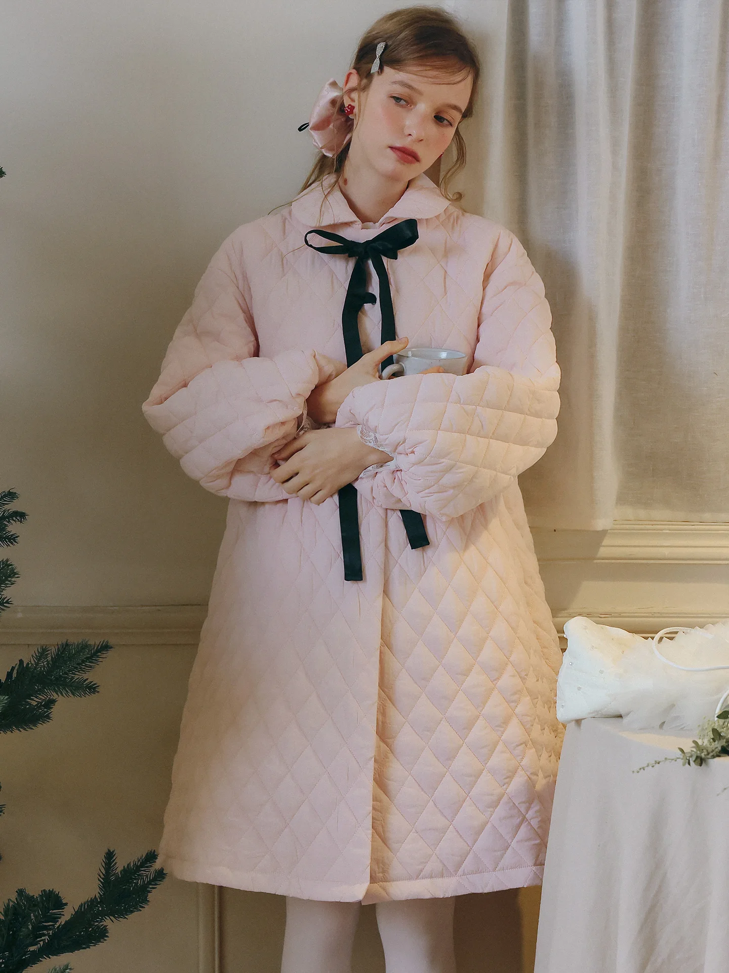 Pink Lantern Sleeve  Knot Loose Cotton Jacket Diamond Grid Pattern Women's Winter Style Retro Commute Coat