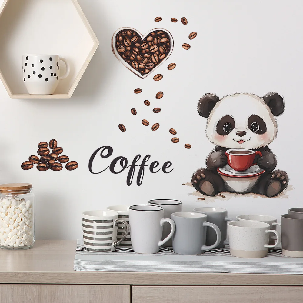 Cartoon Panda Drinking Coffee Wall Sticker Living Room Kitchen Background Decoration Mural Cafe Home Decor Self-adhesive Decals