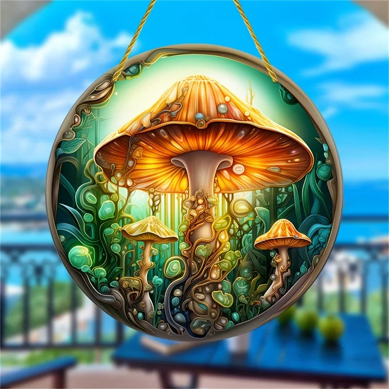 1Pc Mushroom Suncatcher Stained Glass Window Hanging Ornament Wall Decor Acrylic Round Sign Holiday Decoration For Families