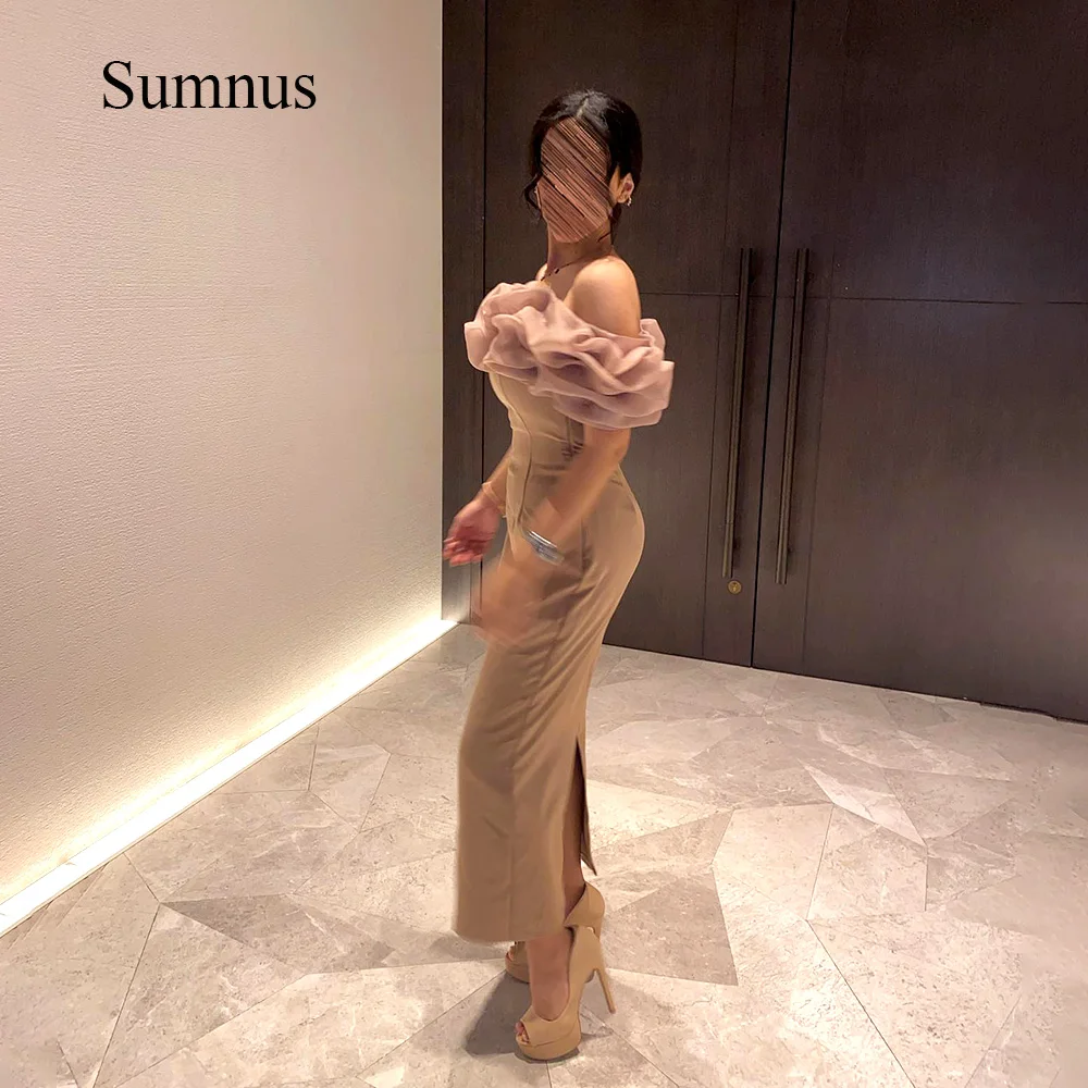 

Sumnus Saudi Arabic Mermaid Evening Dresses Organza Off Shoulder Back Slit Dubai Banquet Dinner Gowns Elegant Women Formal Dress