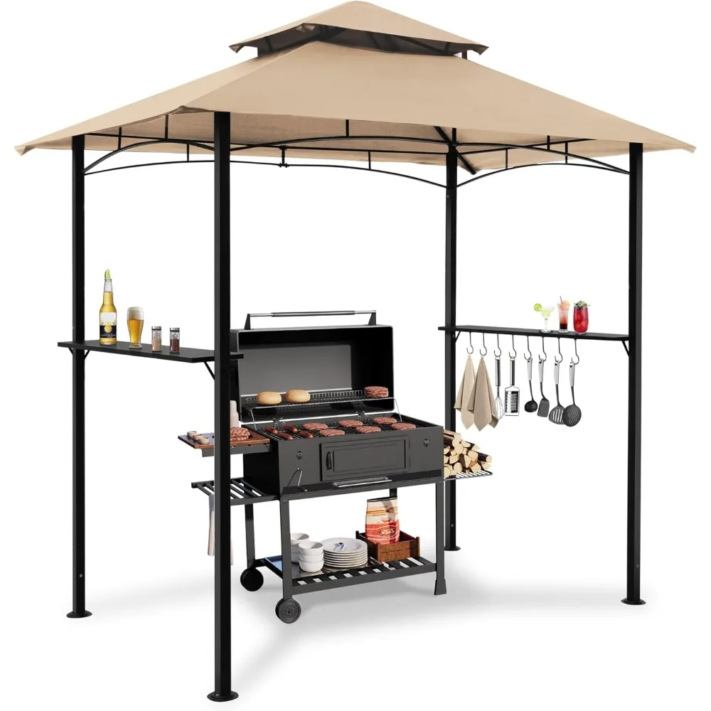 

8'x 5' Grill Gazebo Canopy, Outdoor BBQ Gazebo with Led Light, Barbeque Gazebo Shelter for Patio(Khaki)