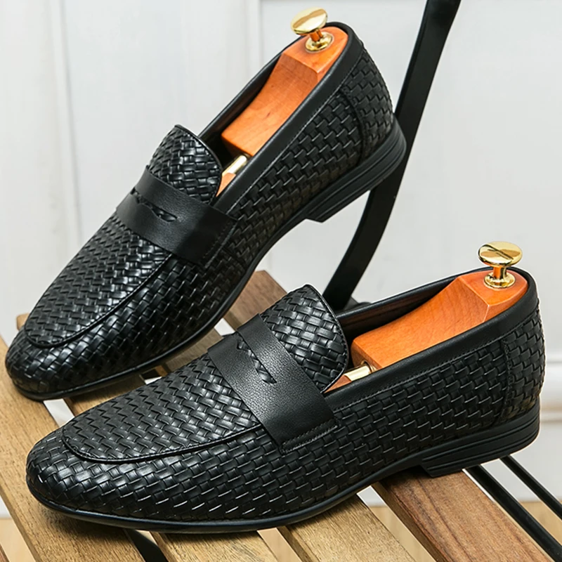

High Quality Casual Business Shoes Men Trend Formal Office Social Leather Shoes Men Slip On Knit Loafers Male Fashion