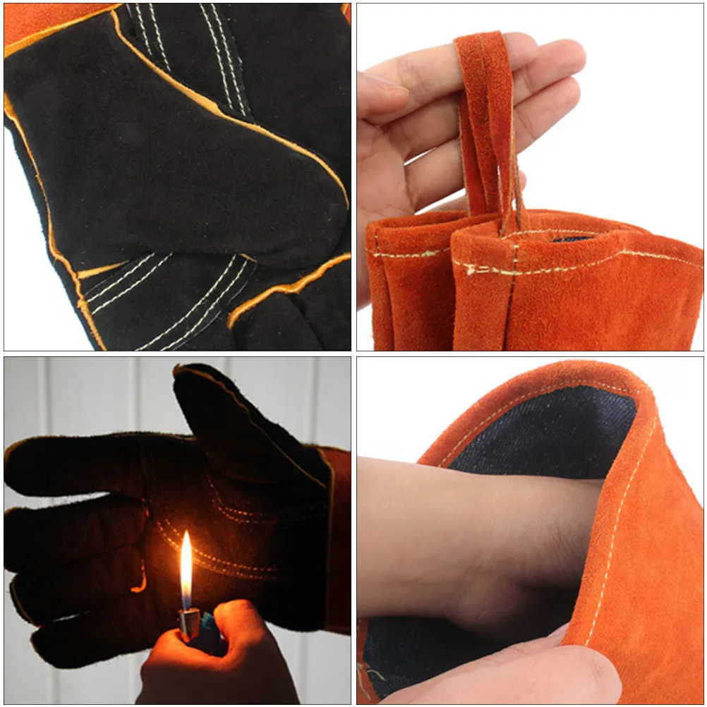 1Pair Odorless Safe Bbq Gloves Cowhide Outer Polyester Lining Double-Layer Heat Protection Outdoor Barbecue Gloves Camping