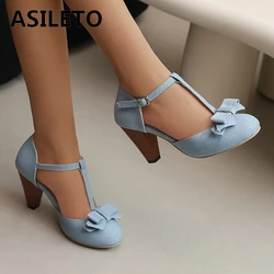 ASILETO New Design Party Big Size Fashion Women Pumps Pointed Toe 7.5cm Spike Heel Fabric Fabric Bow Ankle Strap Fashion