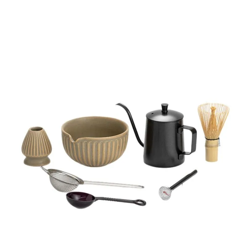 Kiln-turned matcha bowl 8-piece set with set of tea, bamboo matcha brush some tea