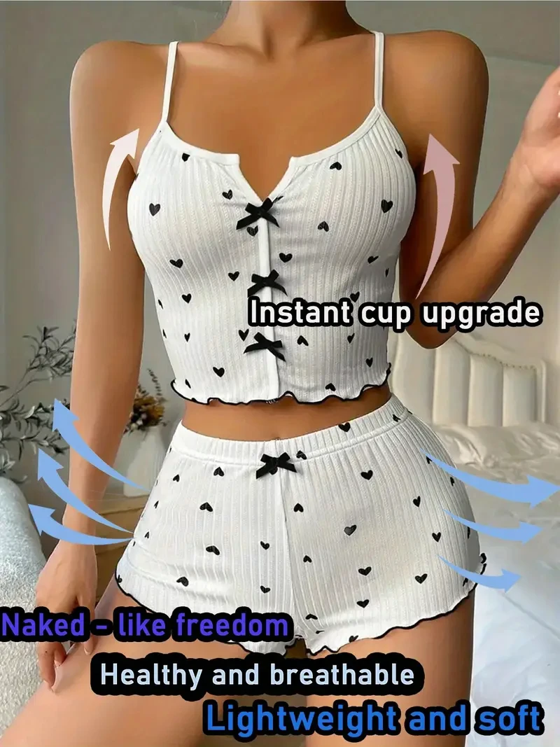 Women's Cute Pajama Set Heart Print Lettuce Trim Bow Front Cami Top and Shorts Pj Set Soft Sleepwear