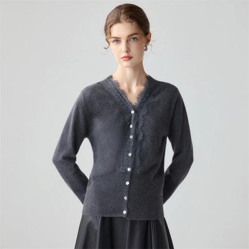 100% goat hair French elegant style V-neck lace spliced cashmere sweater for women, long sleeved waist cinched cardigan, gentle