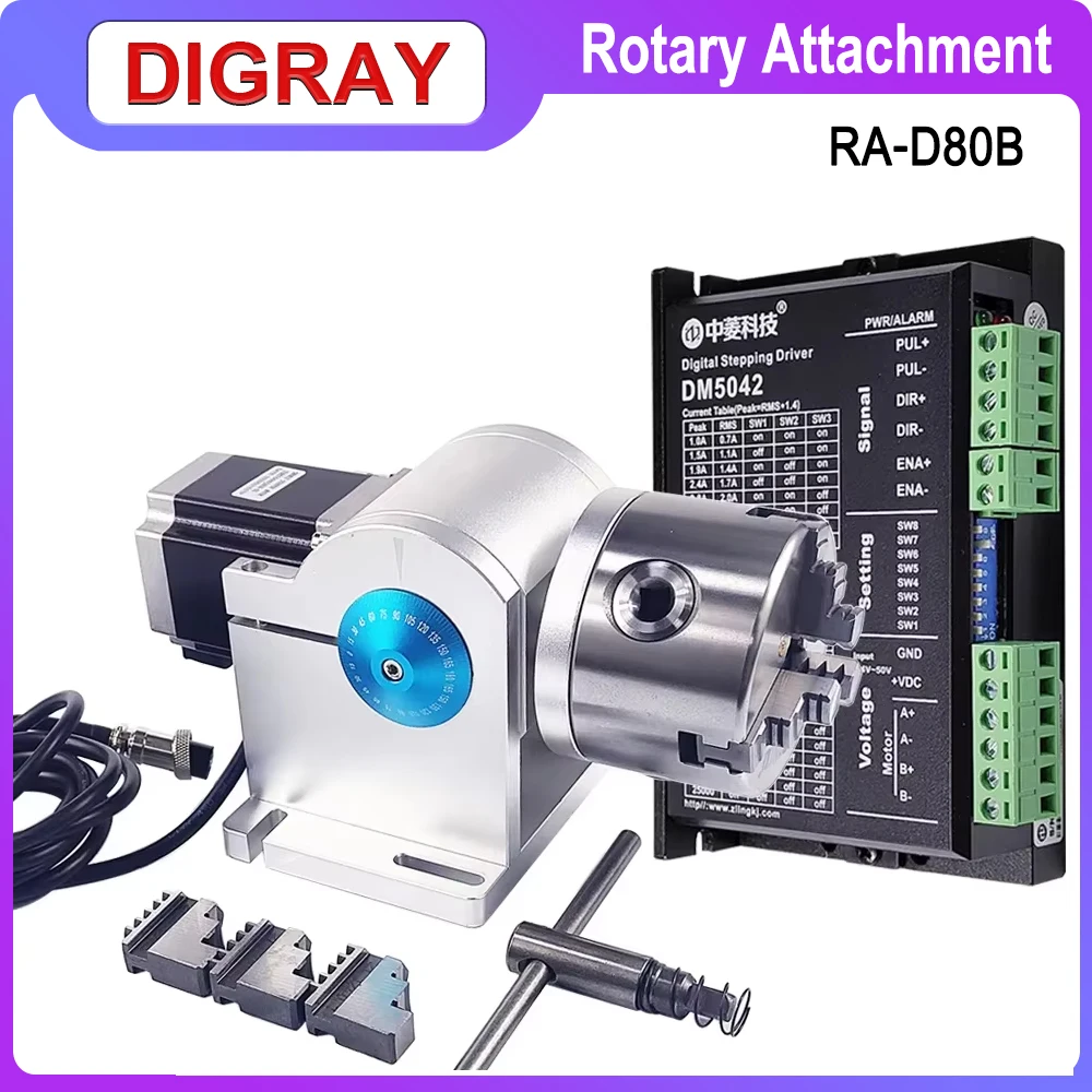 DIGRAY Rotary Attachment Diameter 80mm Rotary Device with Three Chuck +DM5042 Driver for UV CO2 & Fiber Laser Marking Machine