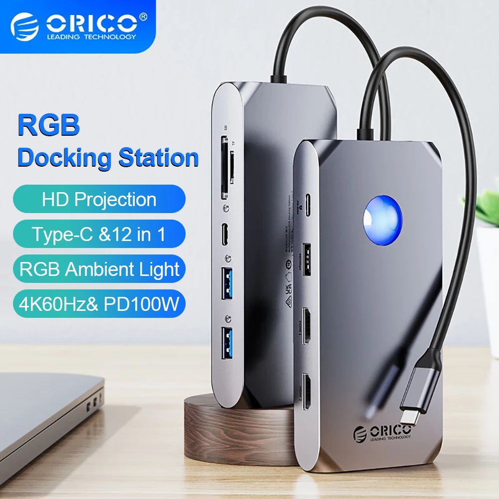 

ORICO RGB Type C Docking Station with 4K60Hz Dual HDMI-compatible VGA DP Ethernet 100W PD Hub SD/TF 3.5mm for Laptop Macbook Pro