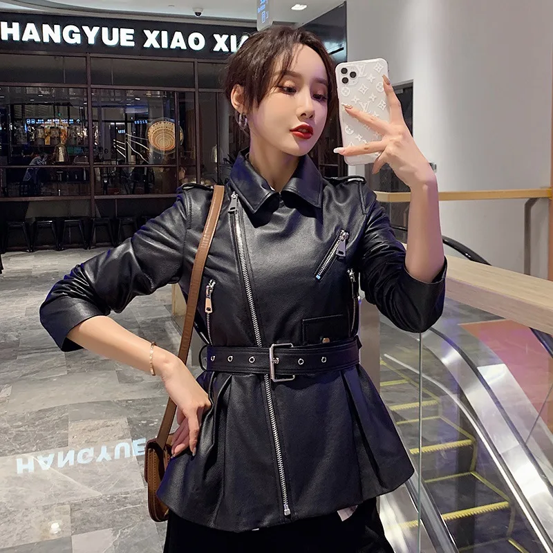 Veste d\'hiver en peau de mouton véritable pour femme, style coréen, ceinture de fermeture à la taille, fermeture à glissière mince, col trempé de