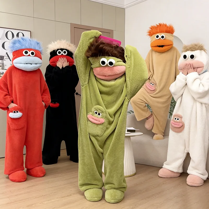 

Пижама-кигуруми «Монстр с большим ртом», 5 цветов, утепленный коралловый флис, забавная домашняя одежда с мультяшным принтом для пар, мужчин и женщин, осенняя теплая одежда