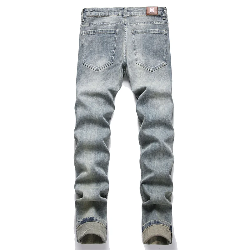 Jeans strappati stile moto da uomo Street Trend pantaloni a gamba dritta Slim Fit con ricamo elasticizzato nostalgico retrò americano