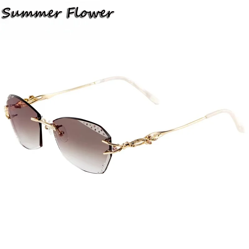 

Luxury Tint Lenses Myopia Glasses Reading Glasses Sunglasses Gafas Diamond Cutting Rimless Titanium Frame for Women