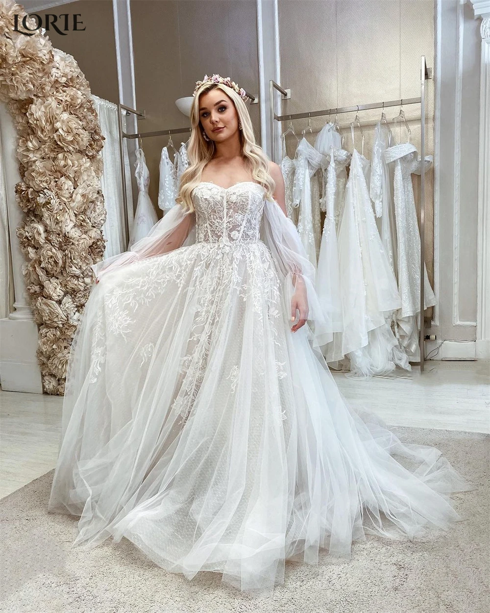 LORIE-vestidos de novia Vintage de encaje, con hombros descubiertos a de corte en traje de novia, apliques de mangas farol, vestidos de novia de princesa sin espalda, 2023