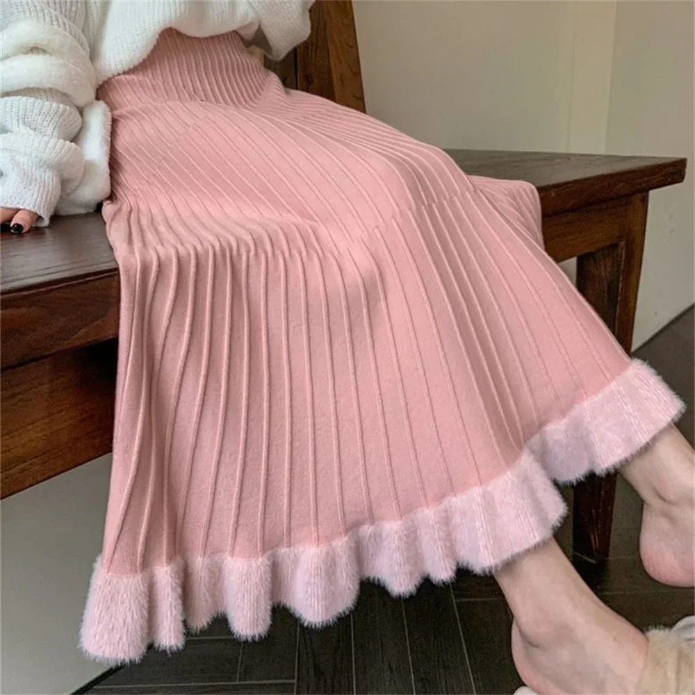 Fashion Knitted Half Length Skirt Women Autumn Winter New Sweet Style A-line Elastic Waist Pleated Skirt Slim Woolen Skirt