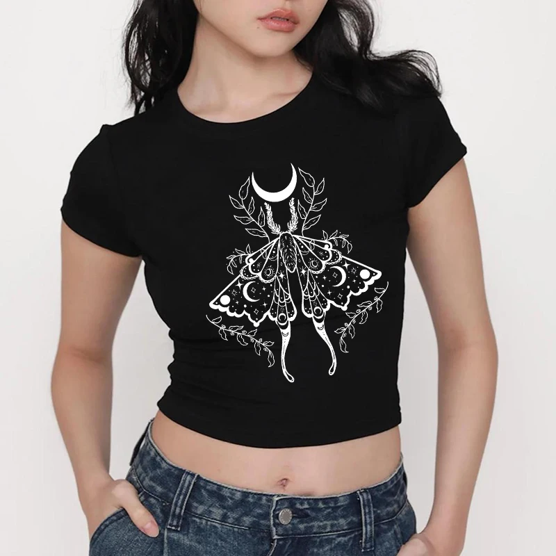 

Punk Creative Butterfly Pattern Printing Crop Top Women Hip Hop Streetwear Slim Short Sleeve Tee Vintage Y2K Goth Aesthetics Tee